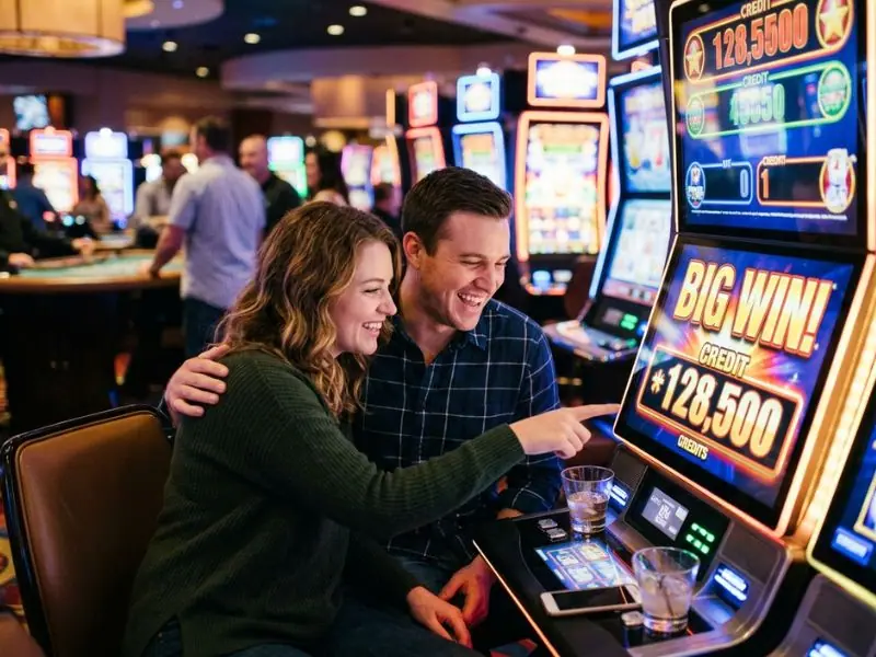 Relaxed casino player smiling near slot machines and gaming tables at phsky casino login