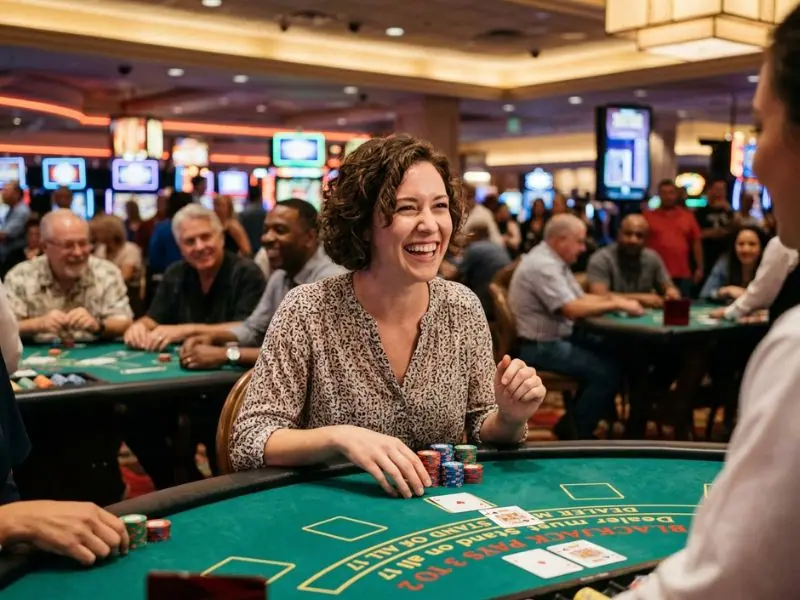 Smiling casino player enjoying multiple game rounds with chips and lights at phsky casino login
