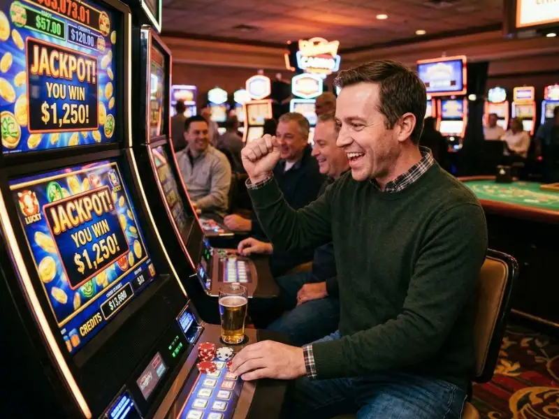 Casino player reacting excitedly to wins with chips and slot machines at playtime.ph casino
