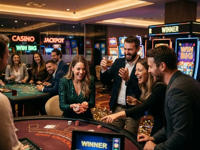 Casino player smiling after a winning hand with chips and cards at playtime.ph casino