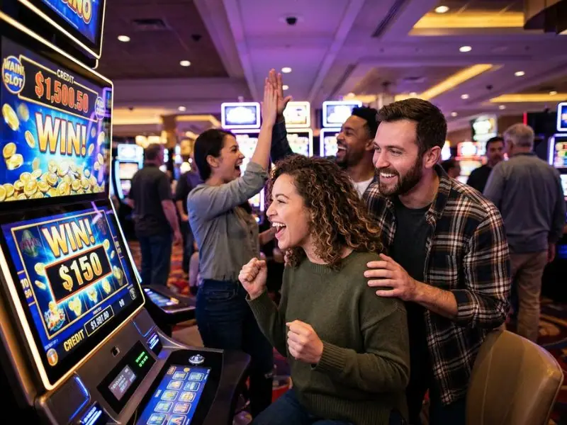 Casino player enjoying a winning streak with slot machines and bright lights at The Theatre Solaire Resort & Casino