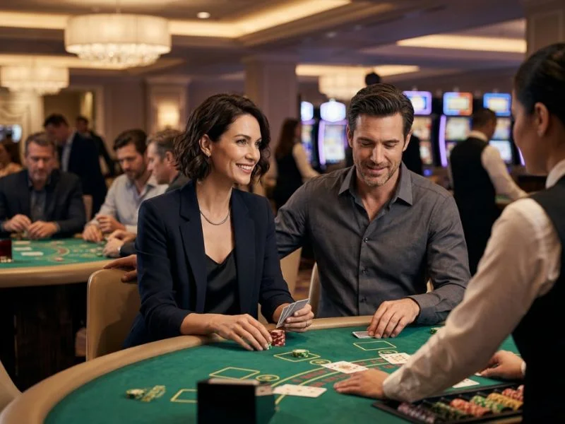 Refined woman admiring vibrant casino energy at 777 Casino 50 Free Spins
