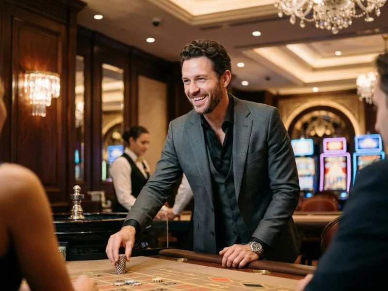 Stylish man confidently trying his luck at a casino with 777 Casino 50 Free Spins
