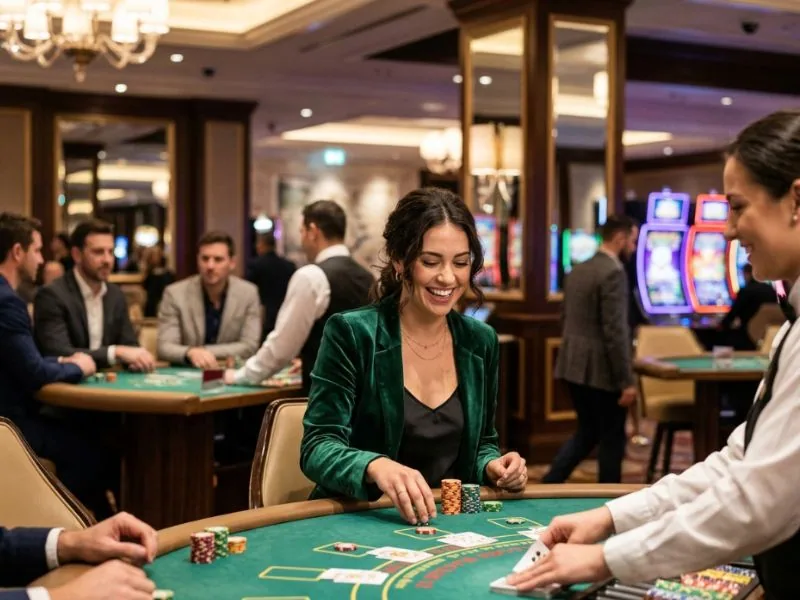 Refined woman surrounded by the glamour of a casino floor inspired by 7Game Com Legit Online Casino