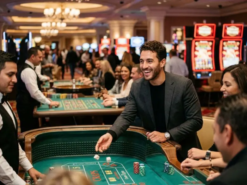 Well-dressed man celebrating a winning moment at a casino inspired by 7Game Com Legit Online Casino