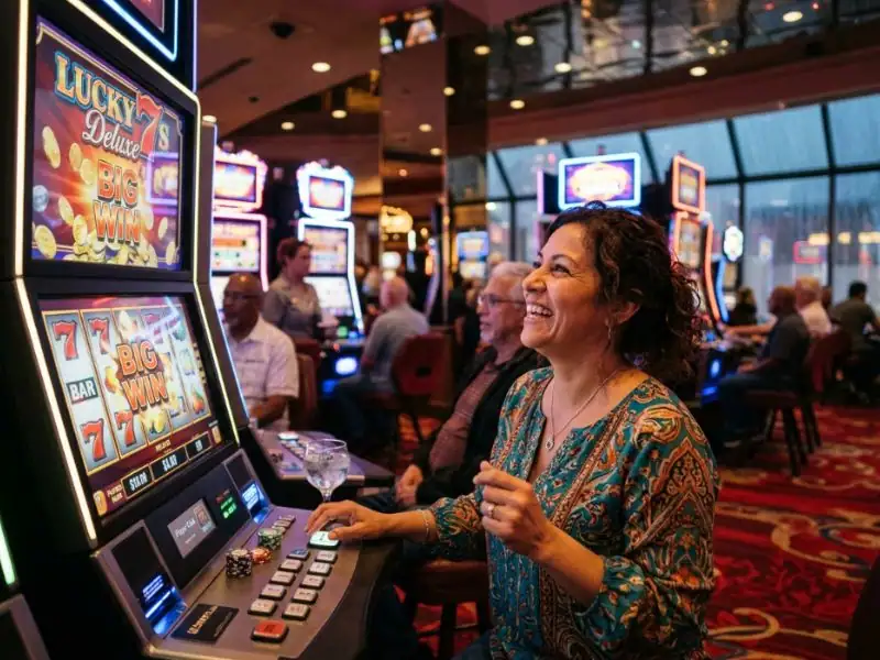 Beautiful woman enjoying an elegant casino setting inspired by 7JL Online Casino
