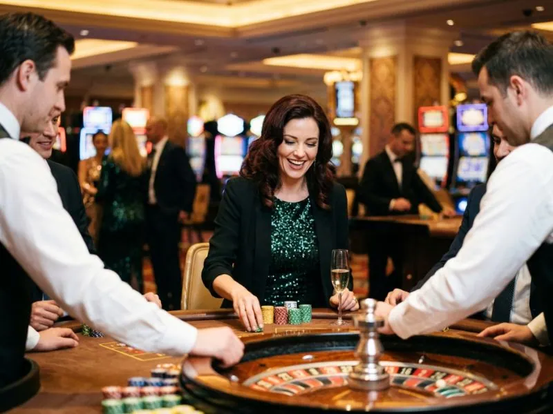 Fashionable woman relaxing during a glamorous casino evening inspired by 7JL Online Casino