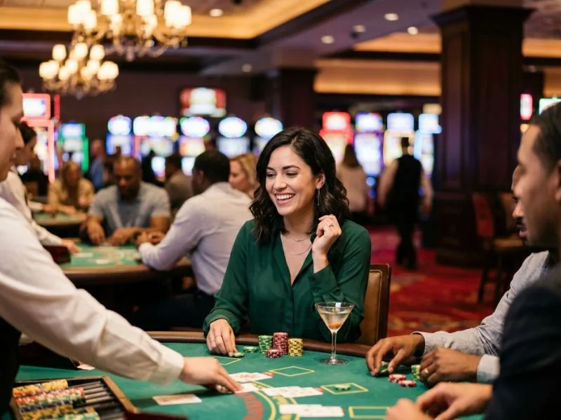 Sophisticated lady exploring a modern casino atmosphere inspired by AAAJL Online Casino