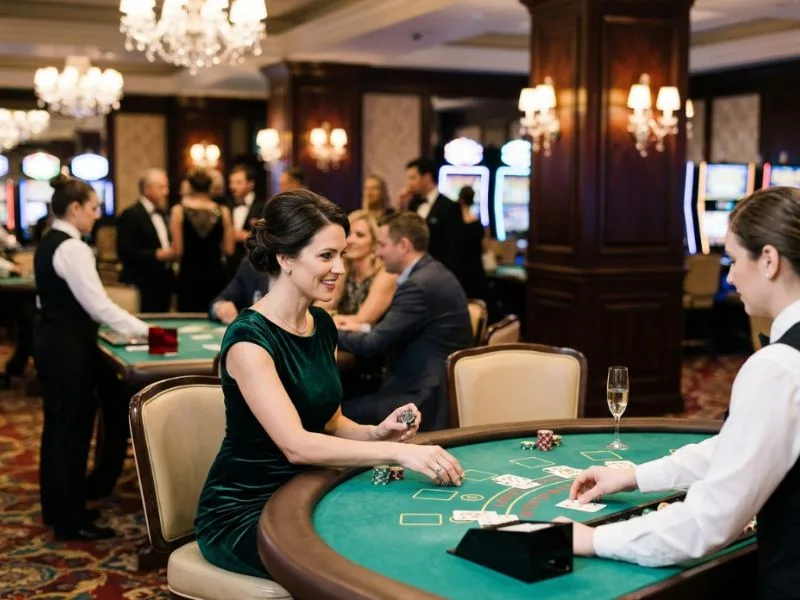Sophisticated woman appreciating the lively ambiance at an alt online casino