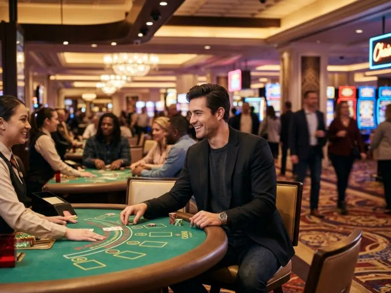Attractive man focused on a casino game in a premium setting inspired by BMY888 Online Casino