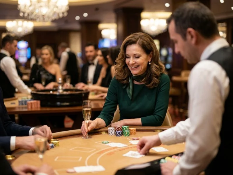 Sophisticated lady smiling at a glamorous casino table with a free 100 new register casino offer