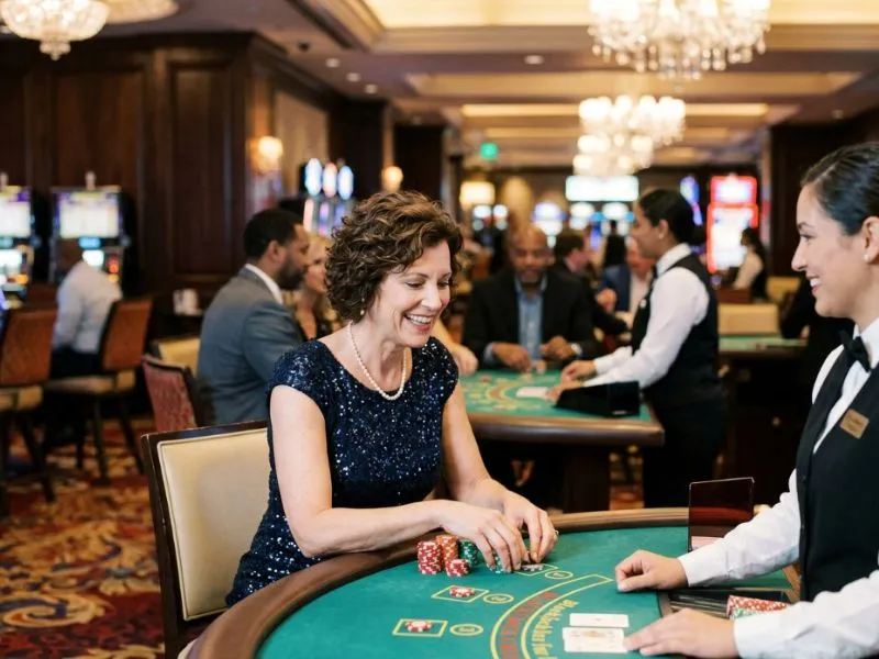 Stylish woman admiring a vibrant casino atmosphere with a free 100 new register casino offer