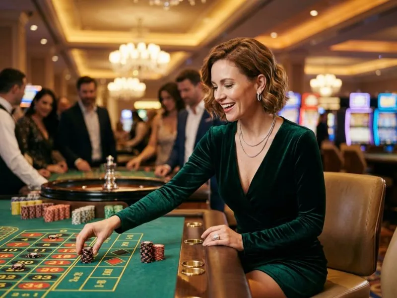 kings casino stylish woman admiring the vibrant casino atmosphere under bright lights
