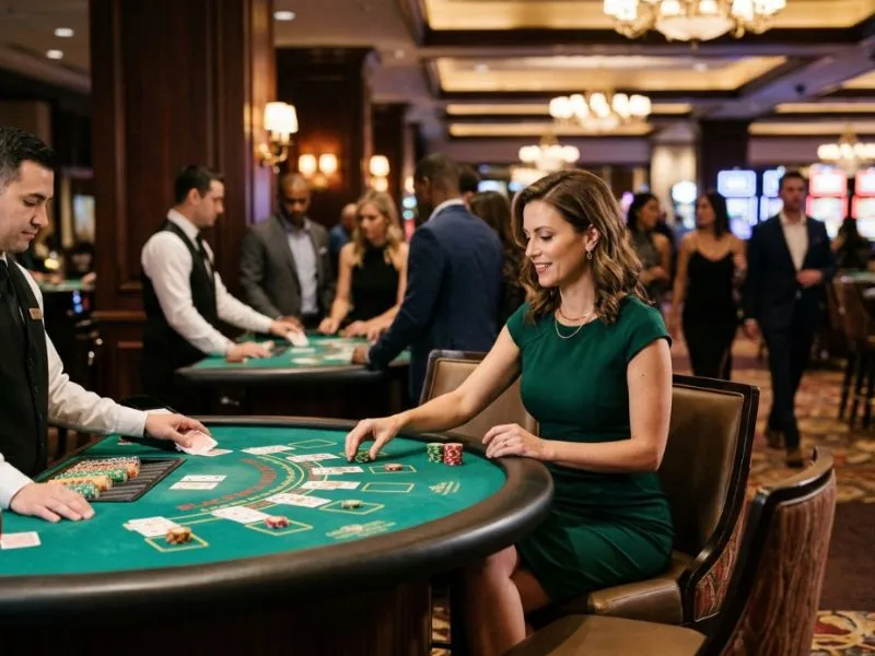 Elegant woman enjoying a sophisticated evening at a low deposit online casino resort