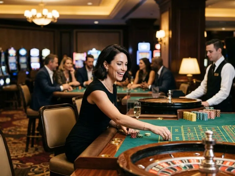 lucky cola.com casino graceful woman sitting at a premium casino table with elegance