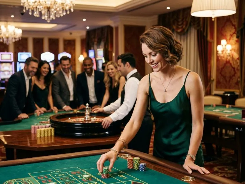 lucky cola.com casino refined woman surrounded by the energy and glamour of the casino floor