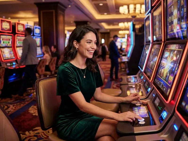 Charming lady surrounded by glittering casino ambiance inspired by Lucky Cola Online Casino