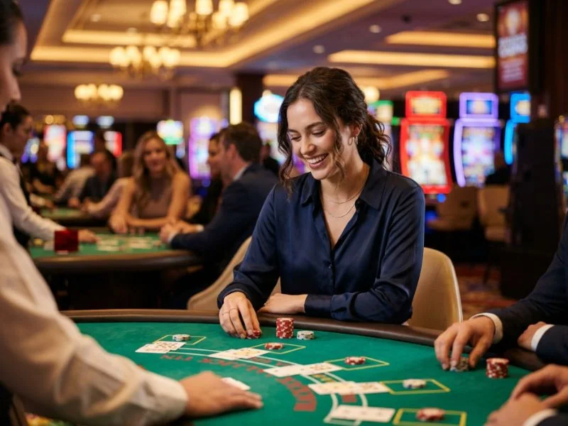 Classy woman enjoying a relaxed casino experience inspired by Lucky Cola Online Casino