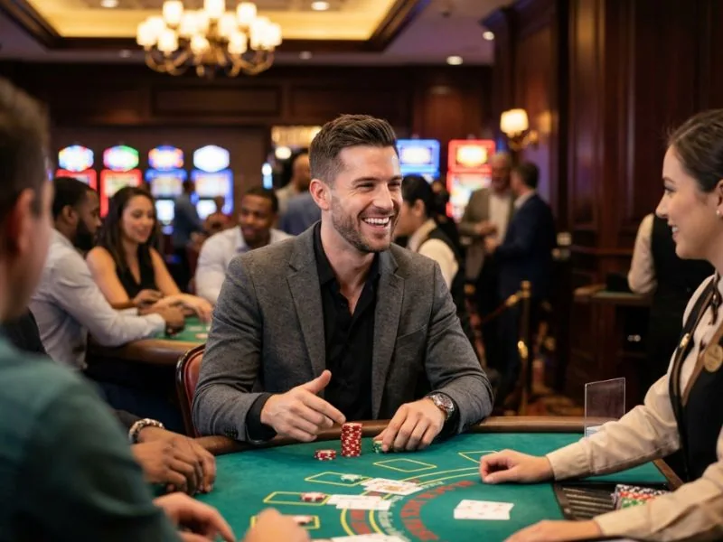 Well-dressed man celebrating a casino win inspired by Lucky Cola Online Casino