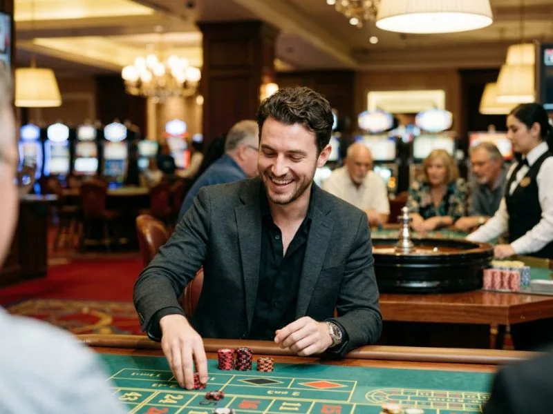 Confident man smiling at a glamorous casino table inspired by LuckyStar Online Casino