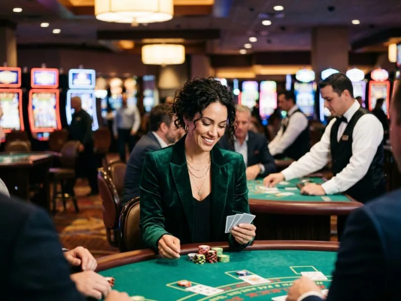 Graceful woman seated at a premium casino table in a setting inspired by LuckyStar Online Casino