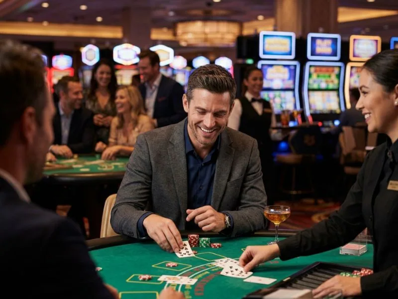 Handsome man enjoying a luxury casino night inspired by LuckyStar Online Casino
