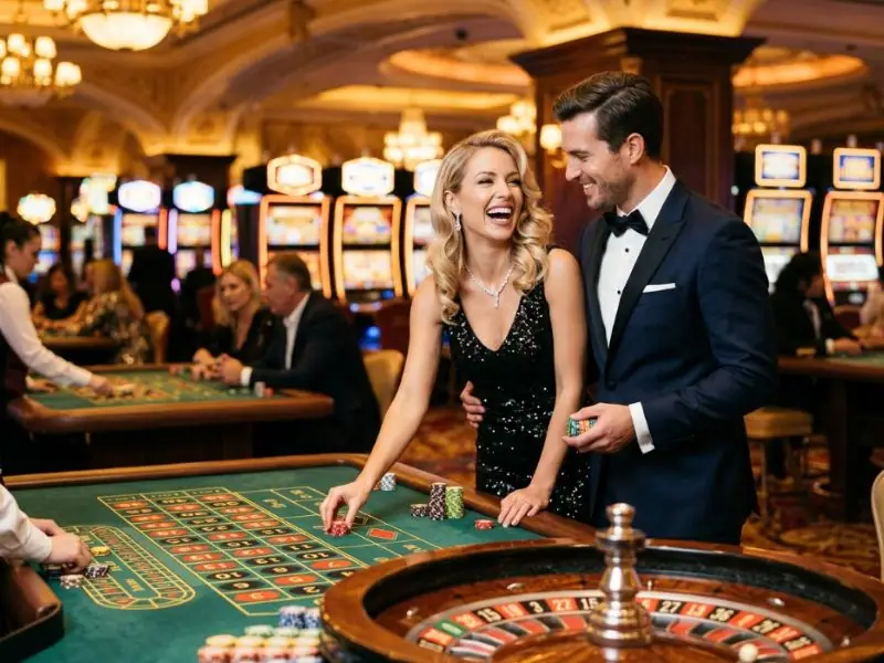 Sophisticated couple enjoying a lively casino floor inspired by Online Casino ni Manny Pacquiao