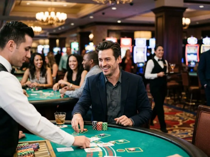 Stylish man trying his luck at a casino inspired by Online Casino ni Manny Pacquiao