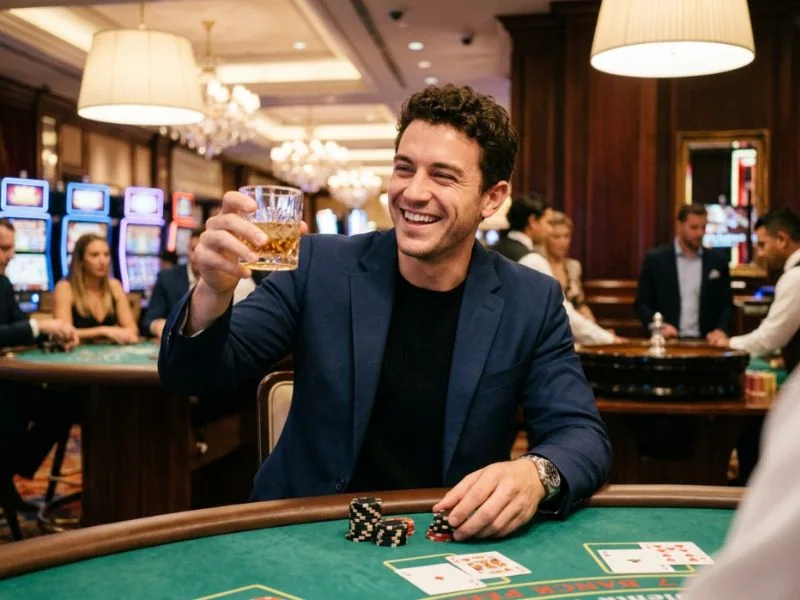 Charming man relaxing in a vibrant casino atmosphere inspired by PH MOBA Online Casino