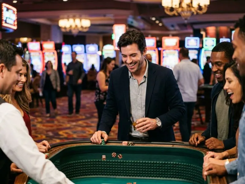 Elegant man surrounded by bright casino lights and excitement inspired by PH MOBA Online Casino