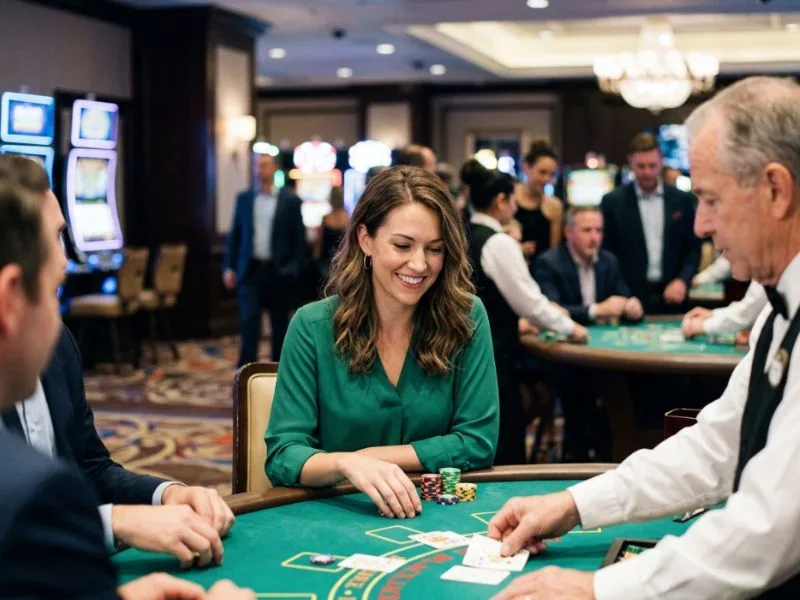 Sophisticated lady smiling at a glamorous casino table inspired by Q25 Online Casino
