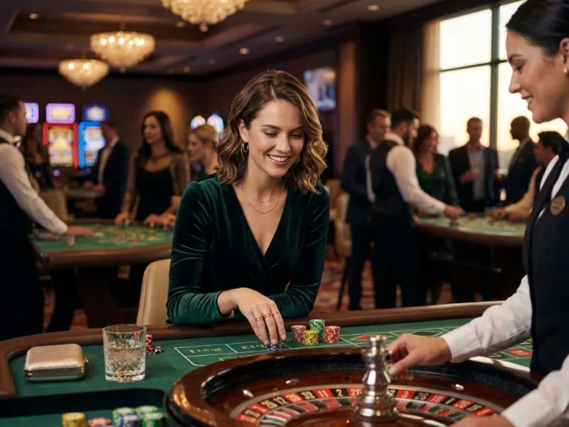 Stylish woman admiring a vibrant casino atmosphere at Q25 Online Casino under bright lights