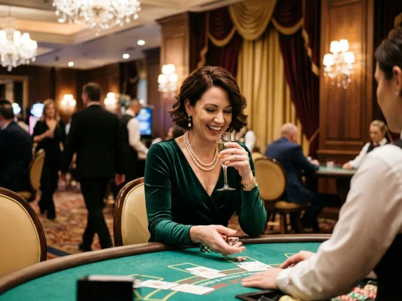 Beautiful lady smiling confidently while exploring casino floor at Red Casino