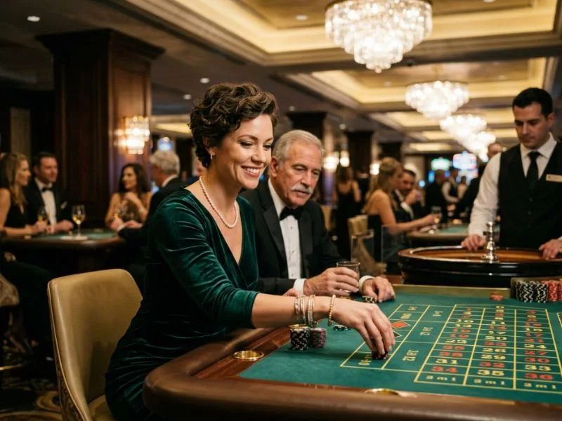 Stylish woman embracing glamorous upscale casino atmosphere at Red Casino